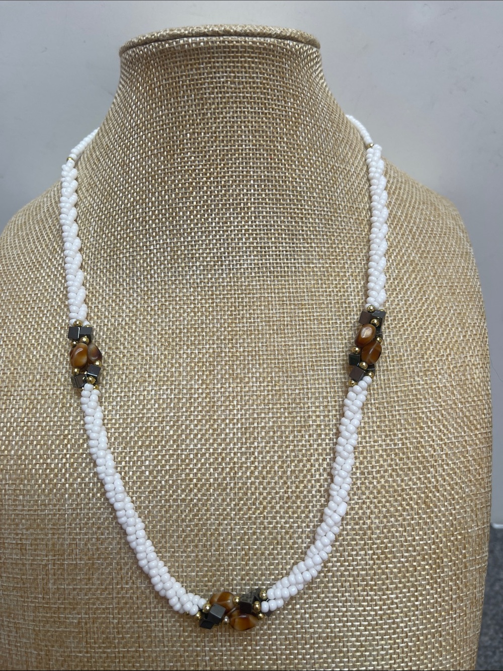 22” vintage braided glass bead, agate and hematite necklace with barrel clasp